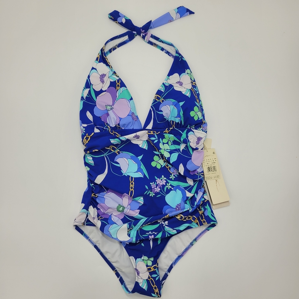 Gottex Swimsuit Halter One Piece Nautical Floral Blue Green Purple Size 10 NEW